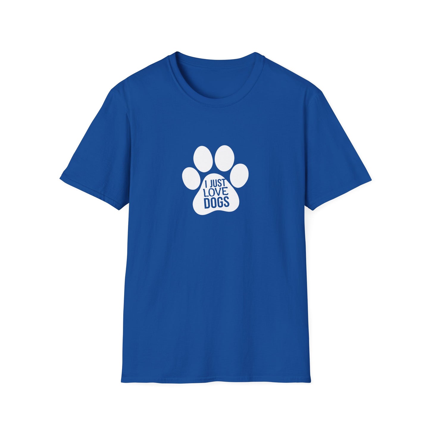 Blue t-shirt with a white paw print design and text on a white background