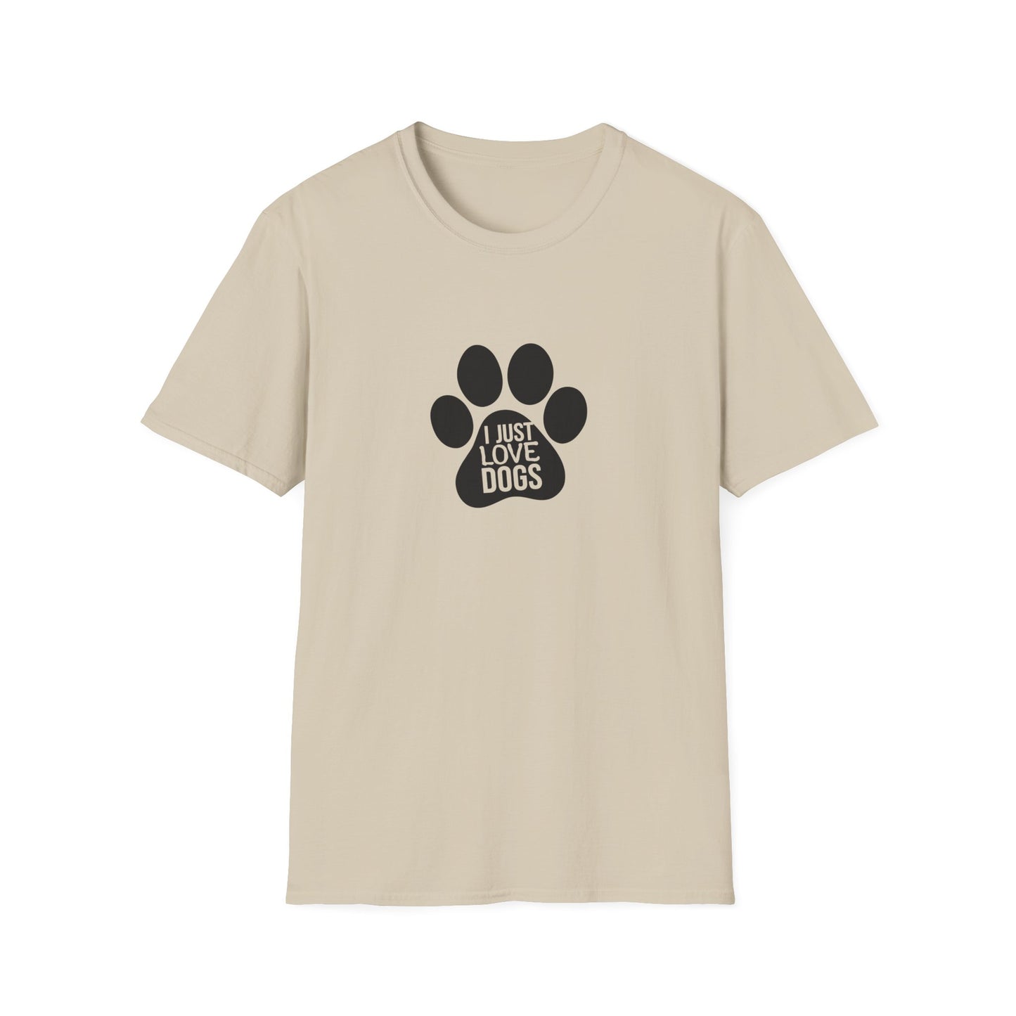 Beige t-shirt with a black paw print graphic and text on a white background