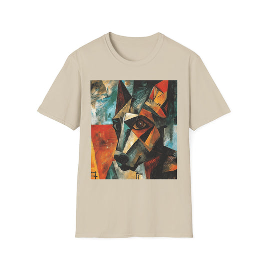 Beige t-shirt with a colorful abstract dog painting on a white background