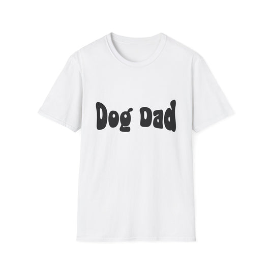 White t-shirt with 'Dog Dad' text on a white background