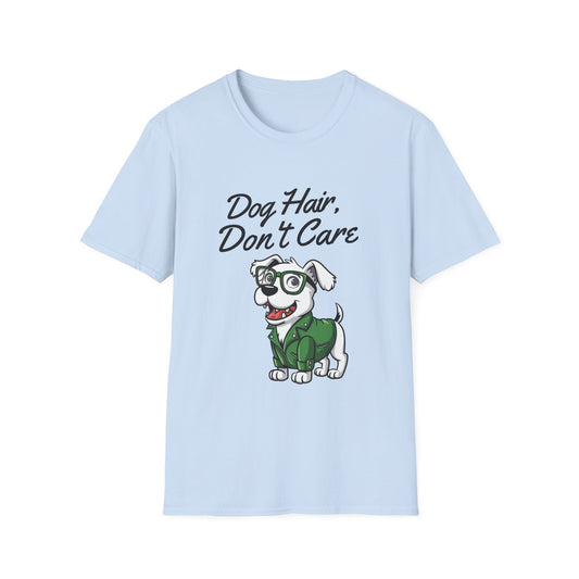 Light blue t-shirt with a cartoon dog and 'Dog Hair, Don't Care' text on a white background