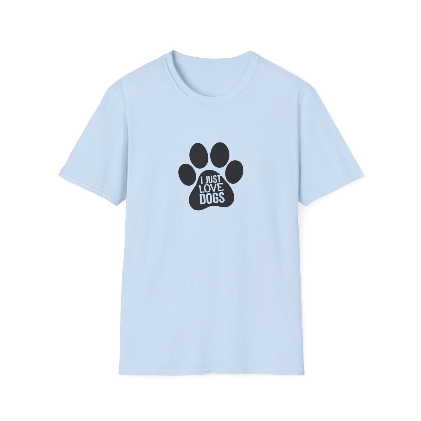 Light blue t-shirt with a black paw print graphic and text on a white background