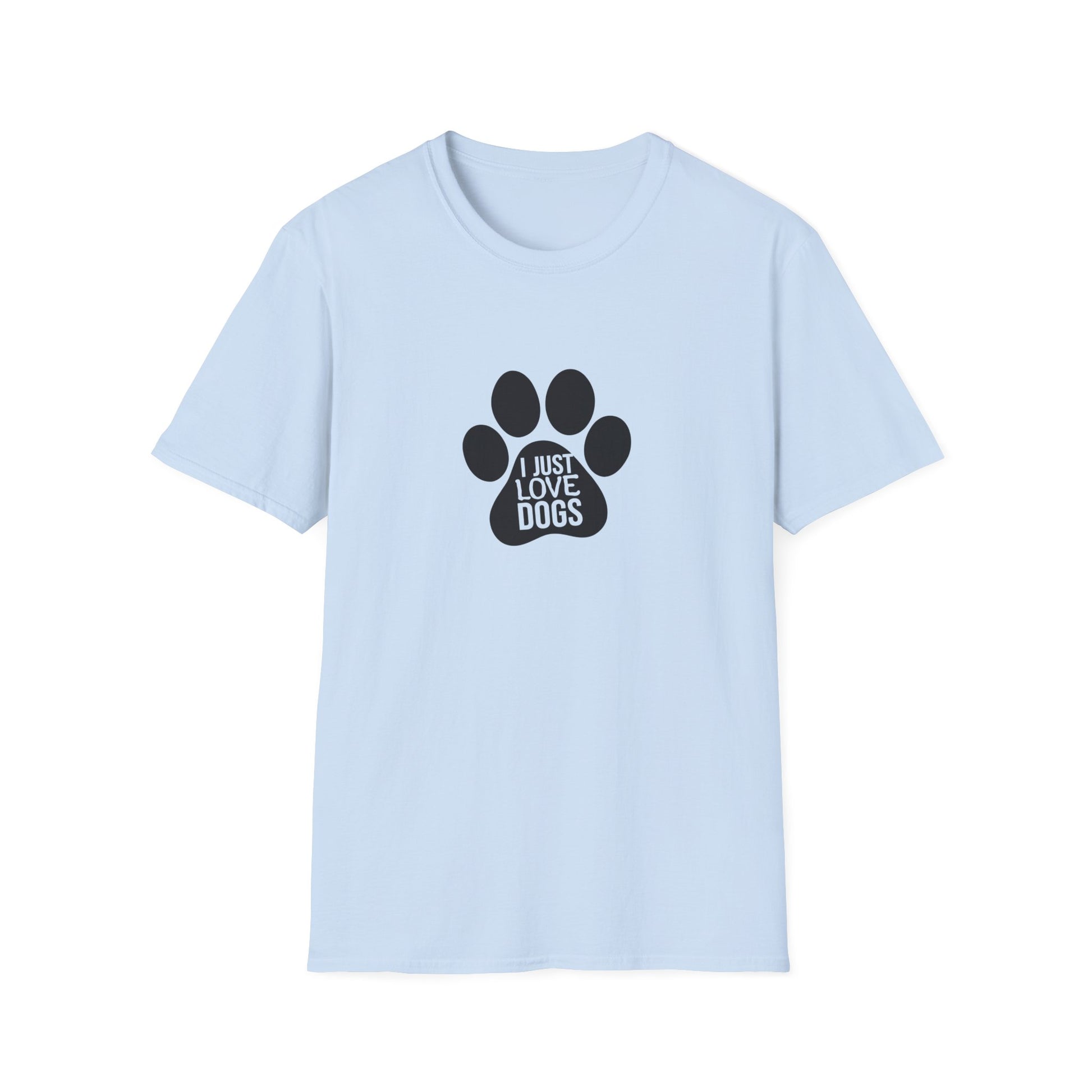 Light blue t-shirt with a black paw print graphic and text on a white background