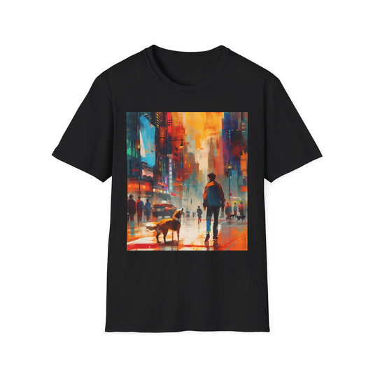 Black t-shirt with a colorful cityscape design featuring a person and dog on a white background