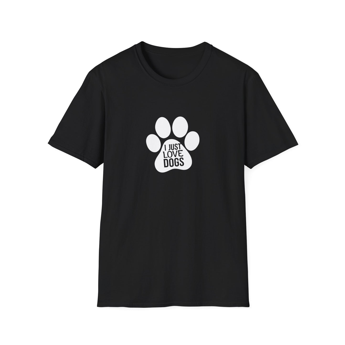 Black t-shirt with a white paw print design and text on a white background