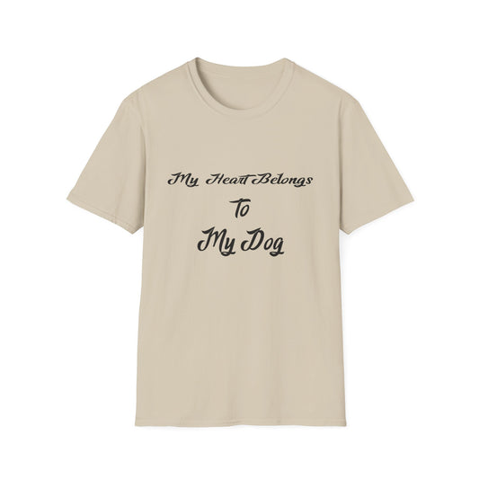 Beige t-shirt with 'My Heart Belongs To My Dog' text on a white background