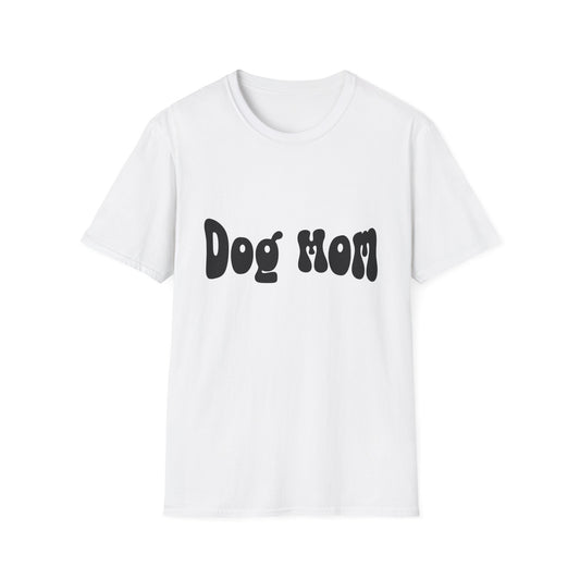 White t-shirt with 'Dog Mom' text on a white background