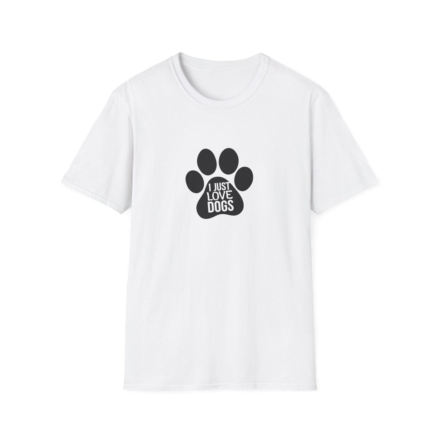 White t-shirt with a black paw print design and text on a white background