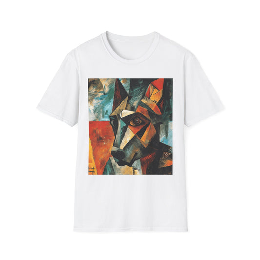 White t-shirt with a colorful abstract dog painting on a white background