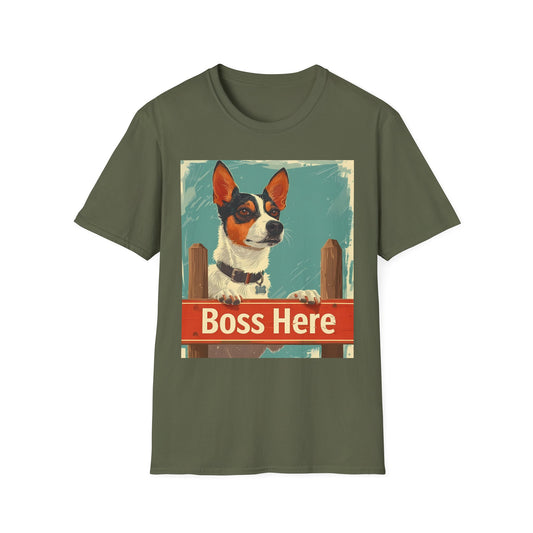 Green t-shirt with a dog graphic and 'Boss Here' text on a white background