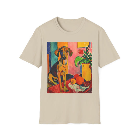 Beige t-shirt with a dog and fruit painting on a white background