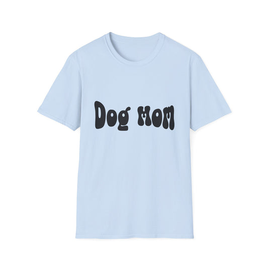 Light blue t-shirt with 'Dog Mom' text on a white background