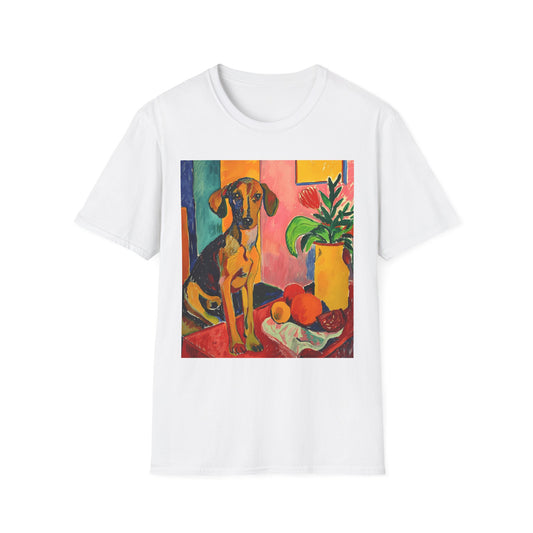 White t-shirt with a colorful graphic of a dog and still life on a white background
