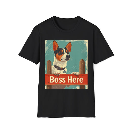 Black t-shirt with a dog graphic and 'Boss Here' text on a white background