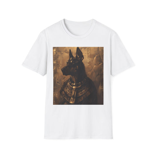 White t-shirt with an Egyptian-themed graphic of a dog on a white background