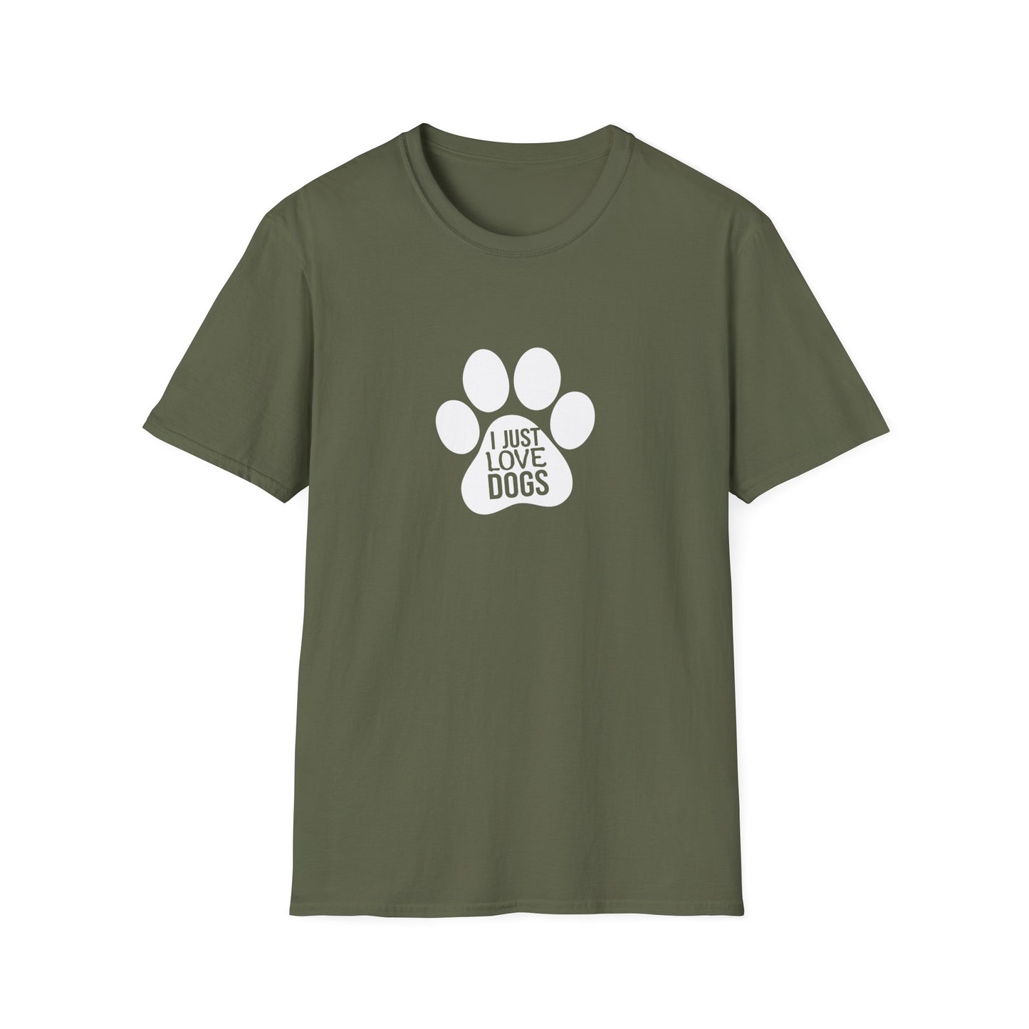 Green t-shirt with a white paw print design and text on a white background