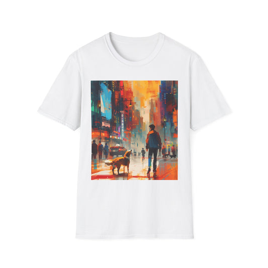 White t-shirt with a colorful cityscape design featuring a person and dog on a street.