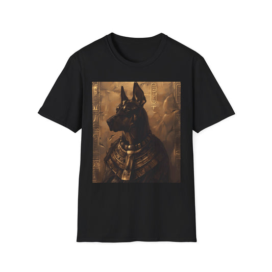 Black t-shirt with an Egyptian-themed graphic on a white background