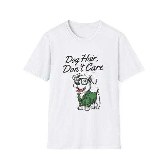 White t-shirt with a cartoon dog wearing glasses and a jacket, and 'Dog Hair, Don't Care' text on a white background.